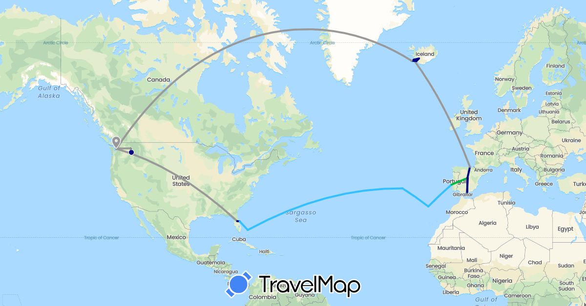TravelMap itinerary: driving, bus, plane, boat in Bahamas, Spain, Iceland, Portugal, United States (Europe, North America)